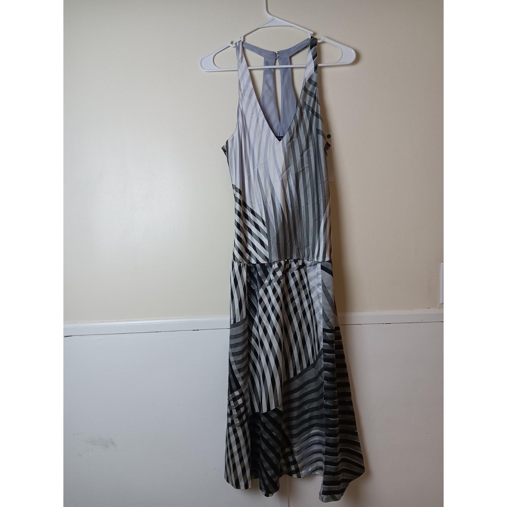 Kenneth Cole New York Dress Womens 4 Gray Stripe Silk Midi V-Neck Sundress
